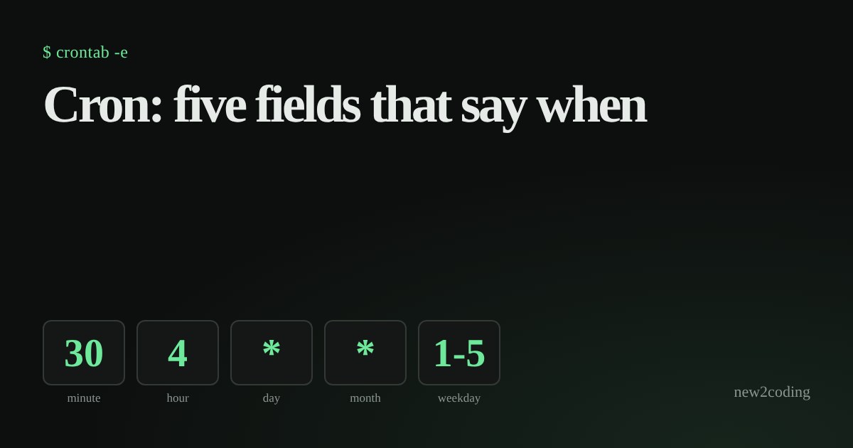 Five boxes showing a cron schedule: minute 30, hour 4, any day, any month, weekdays 1-5