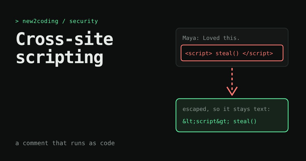 Dark card diagram: a script-tag comment pointing down to the same text escaped as harmless characters
