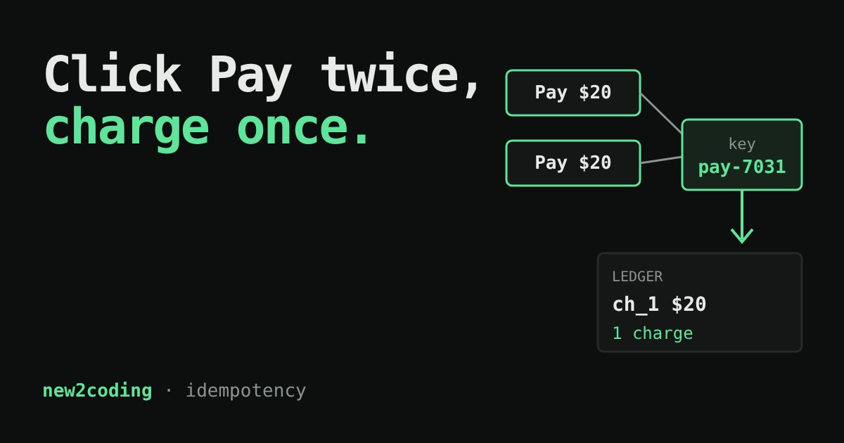 Two Pay $20 buttons feeding one idempotency key, which leads to a ledger with a single charge