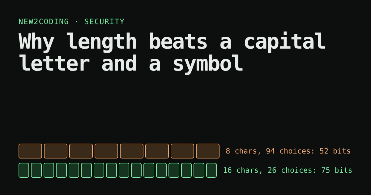 Two rows of boxes: 8 orange boxes labelled 94 choices each give 52 bits, 16 green boxes labelled 26 choices each give 75 bits