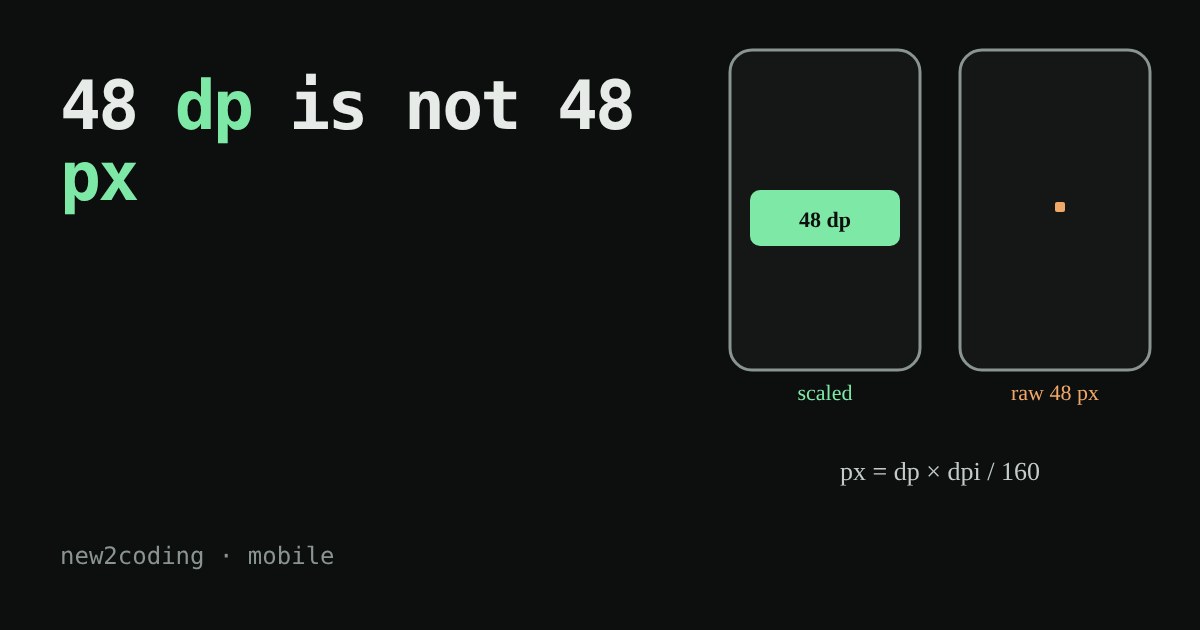 Two phone outlines: one shows a 48 dp button at full size, the other shows a tiny 48 pixel dot