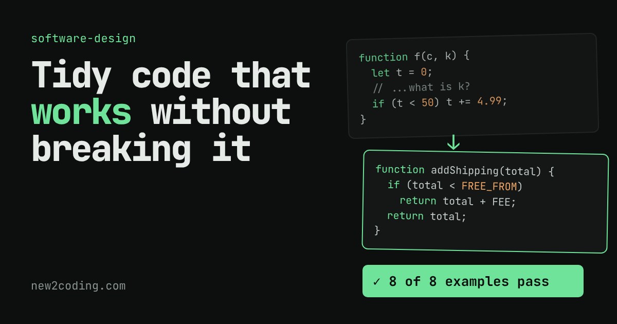 Two code snippets: a hard-to-read function f(c, k) turning into a clearly named addShipping function, with a badge reading 8 of 8 examples pass
