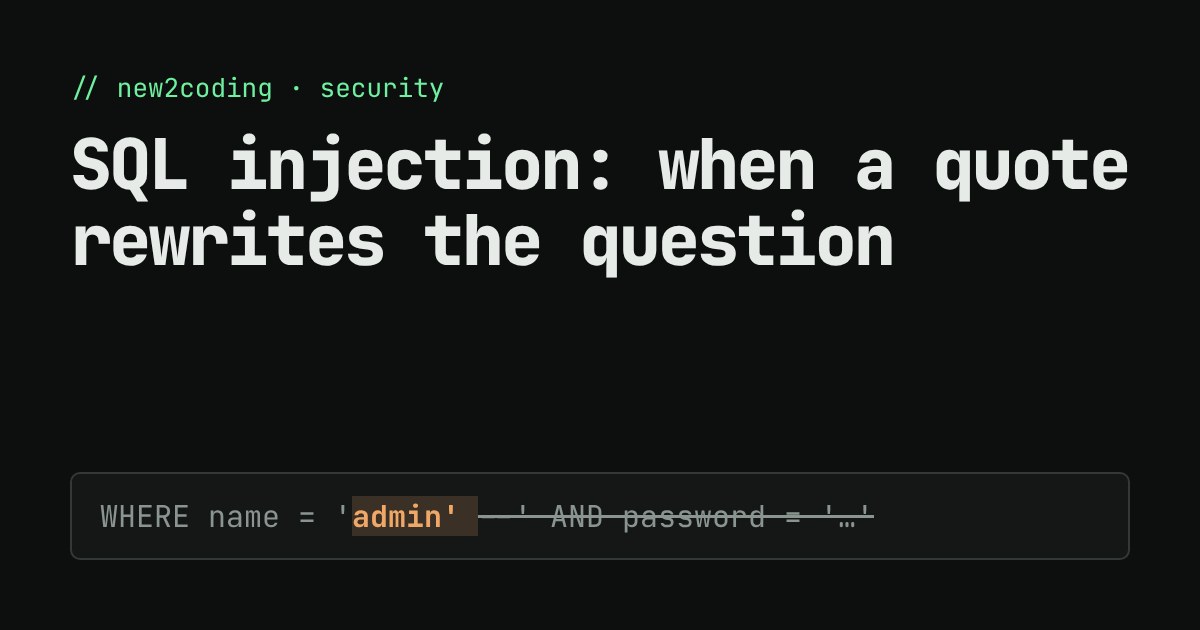 A dark code box showing an SQL query where a typed quote and double dash cross out the password check