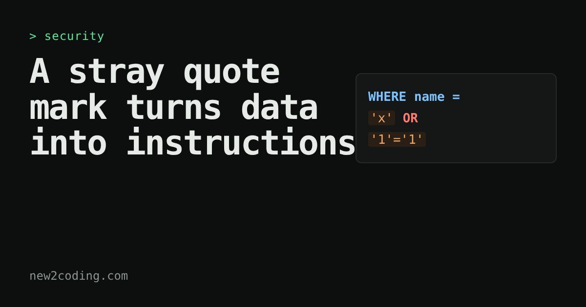 Code snippet WHERE name = 'x' OR '1'='1' with the quoted data in orange and the OR instruction in red